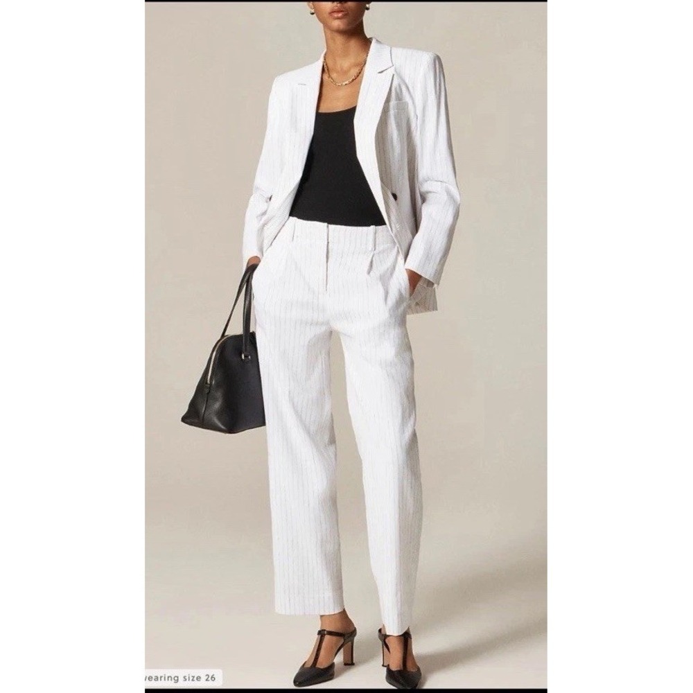 BNWT J Crew Pleated tapered pant in pinstripe linen-viscose WHITE Black  14